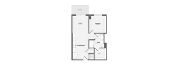 A floor plan of a house with a living room, bedroom, bathroom, and kitchen/dining area.