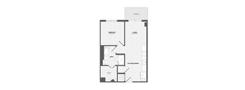 A floor plan of a house with a living room, two bedrooms, a bathroom, a kitchen/dining area, and a laundry room.