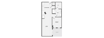 A floor plan of a house with a kitchen, dining room, bathroom, bedroom, and balcony.