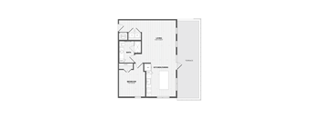 A floor plan of a small apartment with a living room, kitchen/dining area, bathroom, and bedroom.