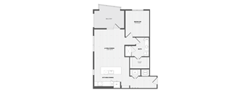 A black and white floor plan of an apartment with a balcony, living/dining area, kitchen/dining area, and bathroom.