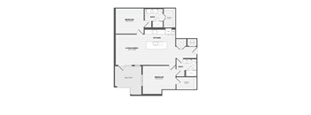 A floor plan of an apartment with a living room, kitchen, two bedrooms, a bathroom, and a balcony.