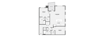A floor plan of a house with a balcony, two bedrooms, a living/dining area, a kitchen, and two bathrooms.