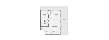 A black and white image of a floor plan for a house with two bedrooms, a bath, a living/dining area, and a kitchen.