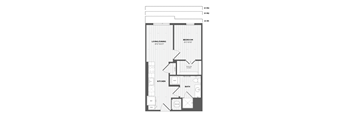 A floor plan of a home with a living/dining area, kitchen, bathroom, and bedroom.