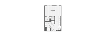 A black and white image of a floor plan for a living/dining room, kitchen, and bathroom.