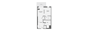 A floor plan of a small apartment with a living room, kitchen, bathroom, and bedroom.