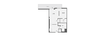 A floor plan of a house with a living room, kitchen/dining area, and bathroom.