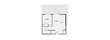 A floor plan of a house with a bedroom, living/dining area, kitchen, bathroom, and closet.