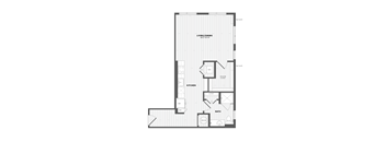 A floor plan of a house with a living/dining area, kitchen, bathroom, and two bedrooms.