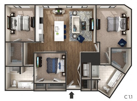 3 bed 2 bath 1,469 Sq. Ft. floor plan D at The Griffin Royal Oak, Royal Oak, MI
