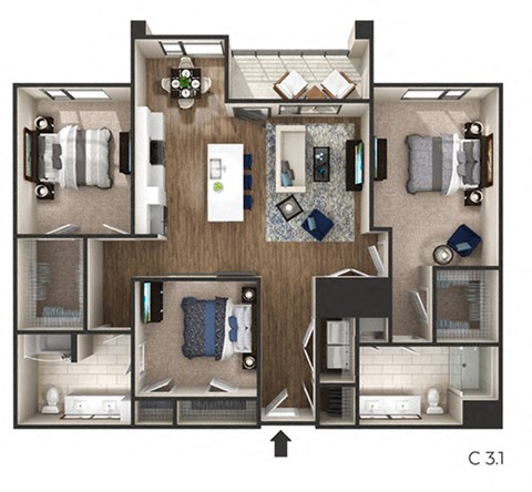 3 bed 2 bath 1,512 Sq. Ft. floor plan B at The Griffin Royal Oak, Michigan, 48067