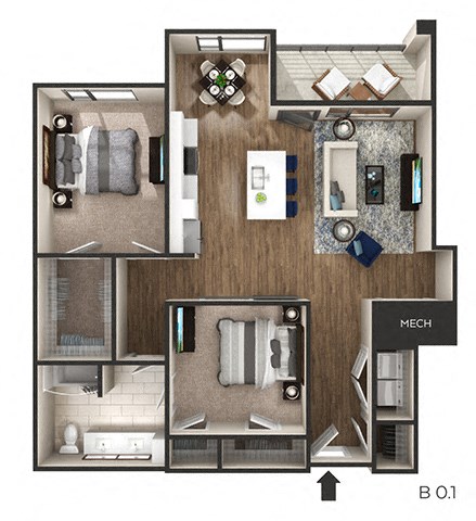 2 bed 1 bath 1,121 Sq. Ft. floor plan at The Griffin Royal Oak, Royal Oak