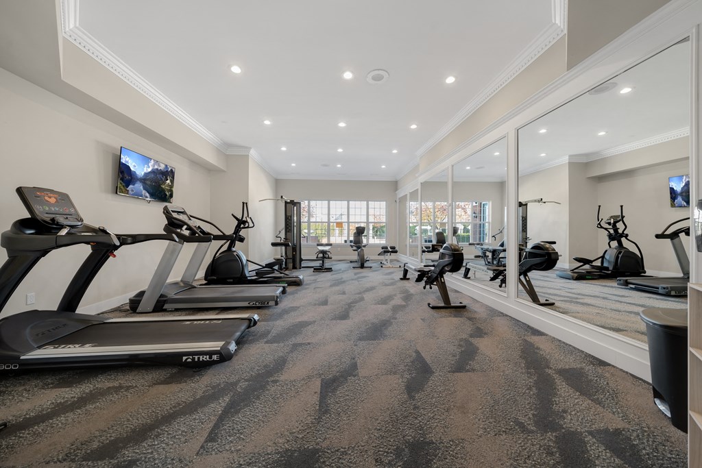 a gym with treadmills and other exercise equipment in a large room with windows at Cidermill Village Apartments in Rochester Hills, MI