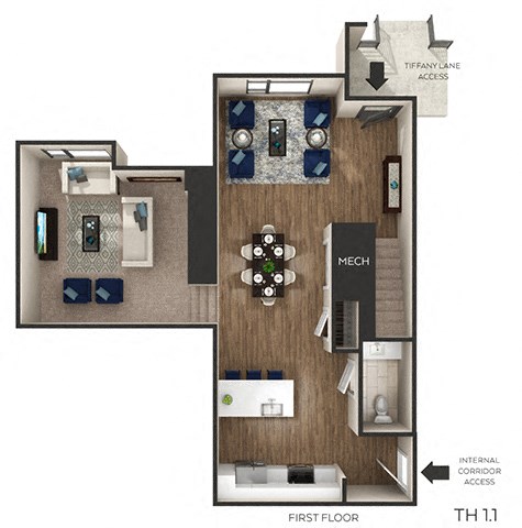 1 bed 1.5 bath 1,422 Sq. Ft.  floor plan N at The Griffin Royal Oak, Royal Oak, 48067