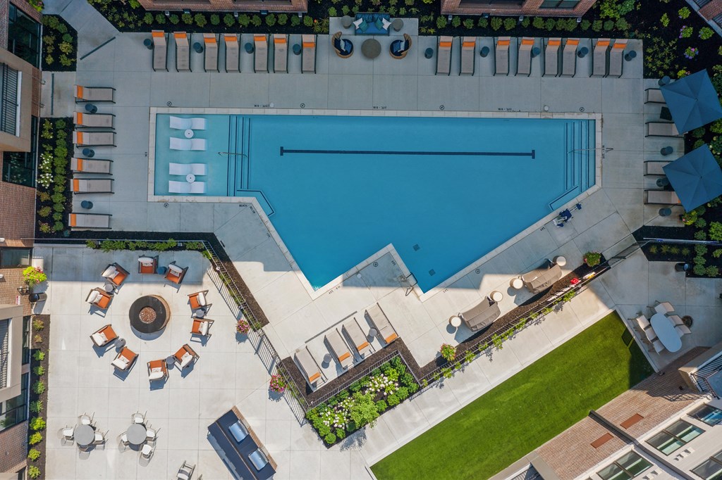 arial view of a resort style pool with lounge chairs and a fountain  at The Griffin Royal Oak, Royal Oak, Michigan