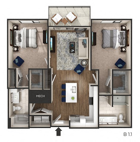 2 bed 2 bath 1,100-to1,184 Sq. Ft. floor plan at The Griffin Royal Oak, Michigan, 48067