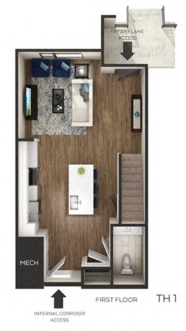 1 bed 1.5 bath 1,130 Sq. Ft. floor plan K at The Griffin Royal Oak, Michigan, 48067