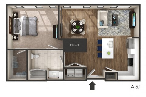 1 bed 1 bath 833 Sq. Ft. floor plan D at The Griffin Royal Oak, Michigan, 48067