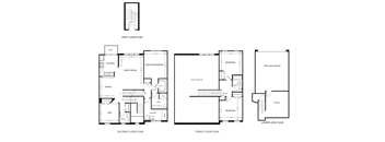 three floor plan of a house with different floors and different bedrooms at Mainstreet Village, Novi, Michigan