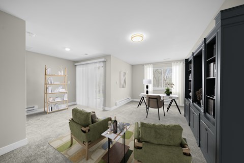 A living room with a green chair and a wooden table.