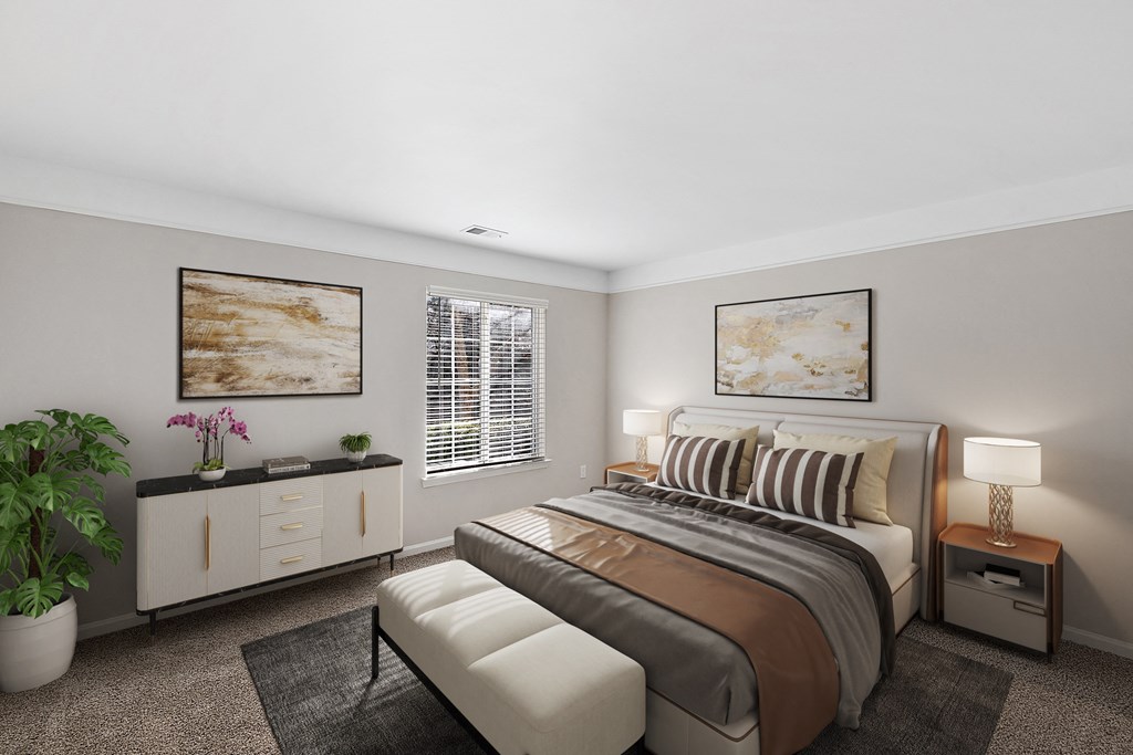 a bedroom with a bed and a dresser and a window at Cidermill Village, Michigan