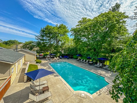 Pool and patio with chairs and umbrellas at Amberly Apartments, West Bloomfield, 48322