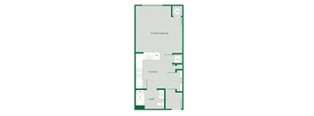 A floor plan of a small apartment with a living/sleeping area, kitchen, bath, and laundry room.