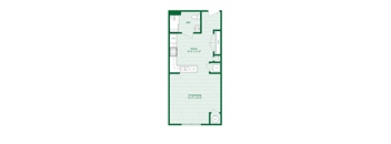 A floor plan of a small apartment with a living/sleeping area, kitchen, bathroom, and a laundry room.
