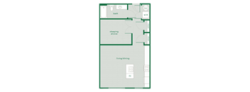 A floor plan of a small apartment with a sleeping alcove and a living/dining area.