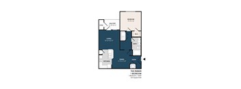 A floor plan of a one bedroom apartment with a living room, kitchen and bathroom.