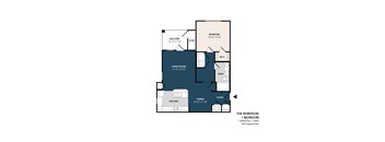 A floor plan of a one bedroom apartment with a living room, kitchen, bath, and balcony.