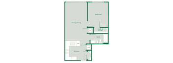 A floor plan of a small apartment with a living area, kitchen, bathroom, and bedroom.