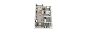 A 3D floor plan of a small apartment with a kitchen, living room, and bedrooms.