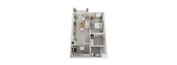 A 3D floor plan of a two-bedroom apartment.