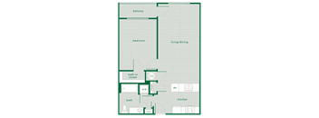 A floor plan of a house with a balcony, bedroom, living/dining area, kitchen, and bathroom.