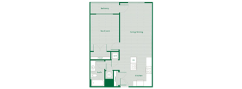 A floor plan of a house with a balcony, bedroom, living/dining area, kitchen, bathroom, and closets.