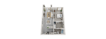 A 3D floor plan of a house with a kitchen, living room, and two bedrooms.