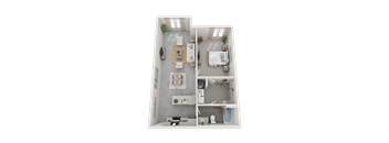 A 3D floor plan of a house with a living room, kitchen, dining room, and bedrooms.