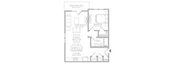 A floor plan of a small apartment with a living room, bedroom, kitchen, and bathroom.