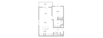 A floor plan of a house with a balcony, living room, dining room, kitchen, laundry, and foyer.