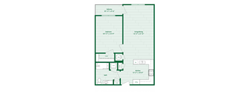 A floor plan of a house with a balcony, bedroom, living/dining area, kitchen, bath, and closets.