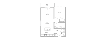 A floor plan of an apartment with a balcony, living room, dining room, kitchen, bathroom, bedroom, closet, laundry, and foyer.