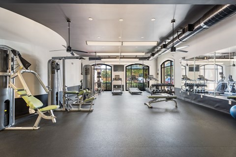 A gym with a variety of equipment including a rowing machine, a bench press, and a leg press.