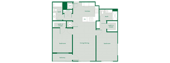 A floor plan of a house with two bedrooms, a living/dining area, a kitchen, two bathrooms, and a balcony.