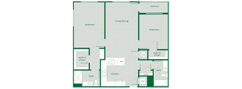 A floor plan of a house with two bedrooms, a living/dining area, a kitchen, a walk-in closet, a bath, and a balcony.
