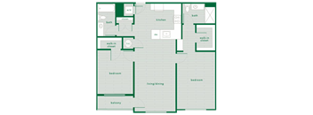 A floor plan of a house with two bedrooms, a living/dining area, a kitchen, a bath, a walk-in closet, and a balcony.