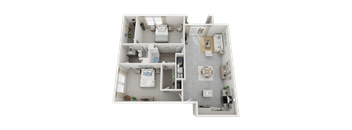 A 3D floor plan of a house showing a kitchen, living room, and two bedrooms.