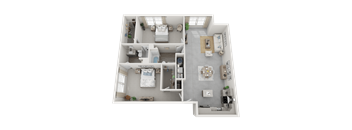 A 3D floor plan of a house showing a living room, kitchen, and two bedrooms.