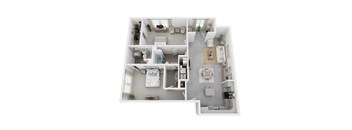 A 3D floor plan of a house with a kitchen, living room, and two bedrooms.